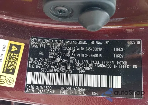 2019 Toyota Highlander Xle из США, поврежденный, VIN 5TDJZRFH9KS970179